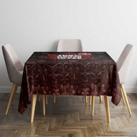 Black square tablecloth with red-and-white Canada map design and dark swirling pattern