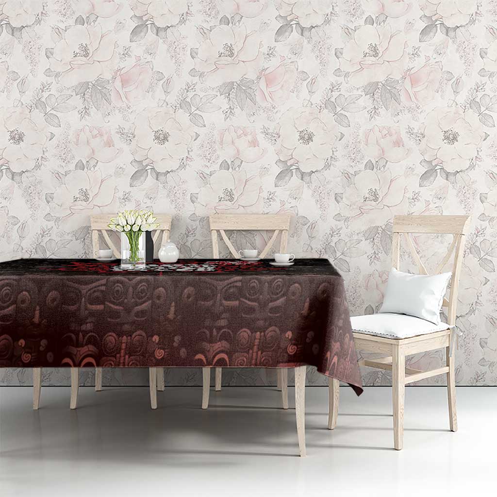 Dark tablecloth on dining set with red-and-white Canada map graphic and patterned fabric