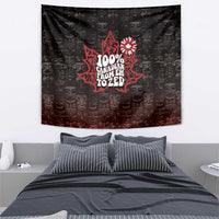 Black tapestry with red maple-leaf emblem and white text, centered on wall