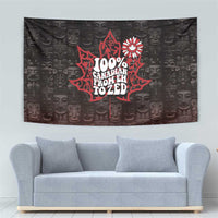 Black tapestry with red maple-leaf emblem and flowerburst, wall-hanging