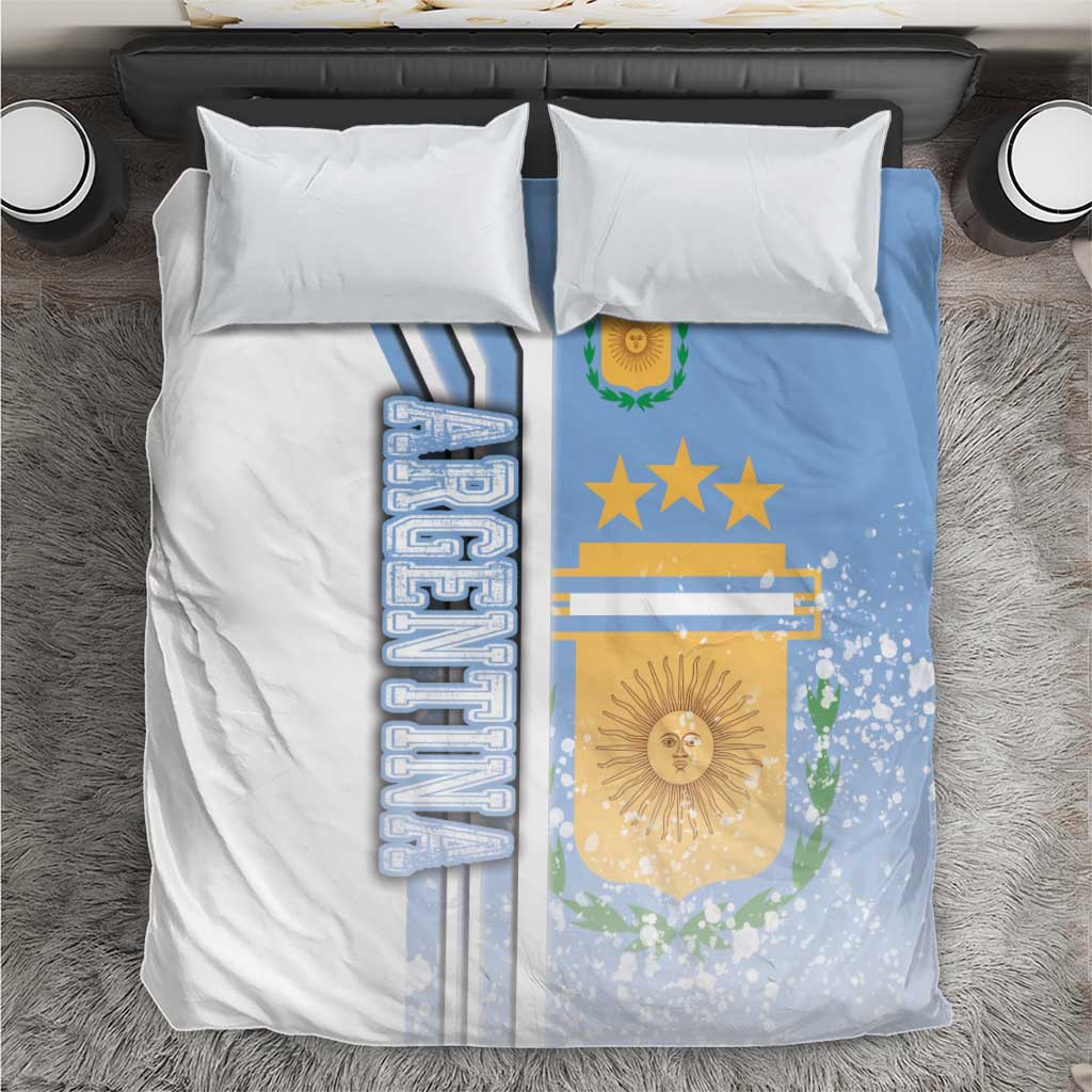 Blue and white Argentina football bedding set: crest, stars, and vertical stripes on duvet