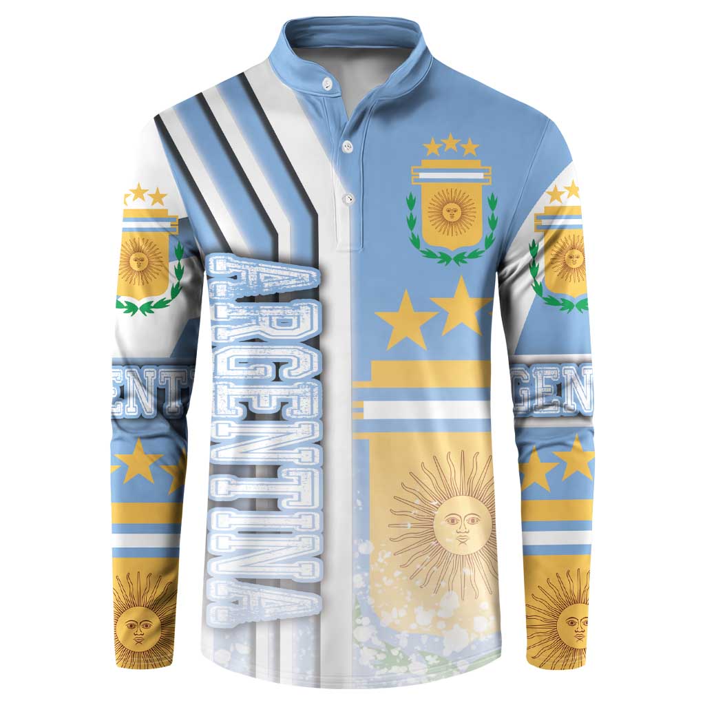 Blue Argentina football button sweatshirt with striped sleeves and chest crest graphic
