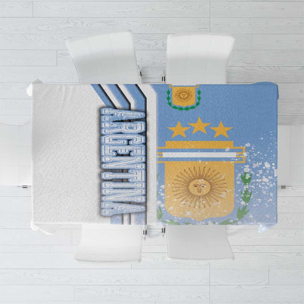 Blue soccer-themed tablecloth with Argentina flag graphic, sun and gold stars