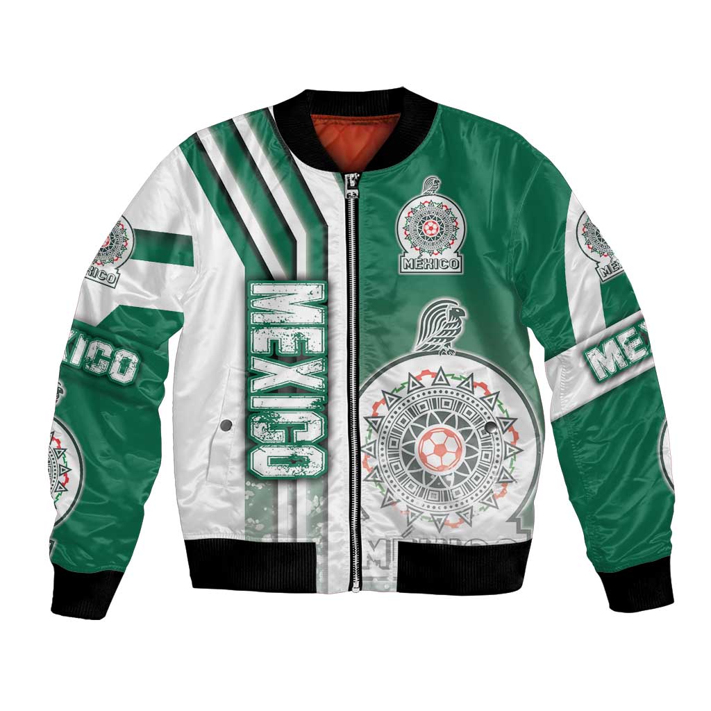 Green and white bomber jacket with front zipper, Mexico crest patch, striped sleeves
