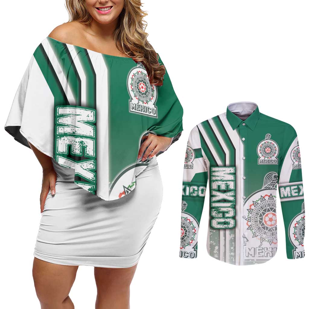 Mexico Football Couples Matching Off Shoulder Short Dress and Long Sleeve Button Shirt El Tri Soccer - Road To Champion