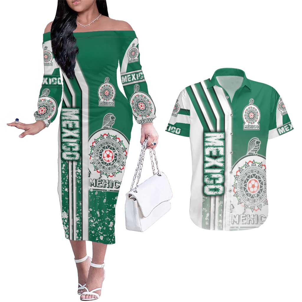 Mexico Football Couples Matching Off The Shoulder Long Sleeve Dress and Hawaiian Shirt El Tri Soccer - Road To Champion