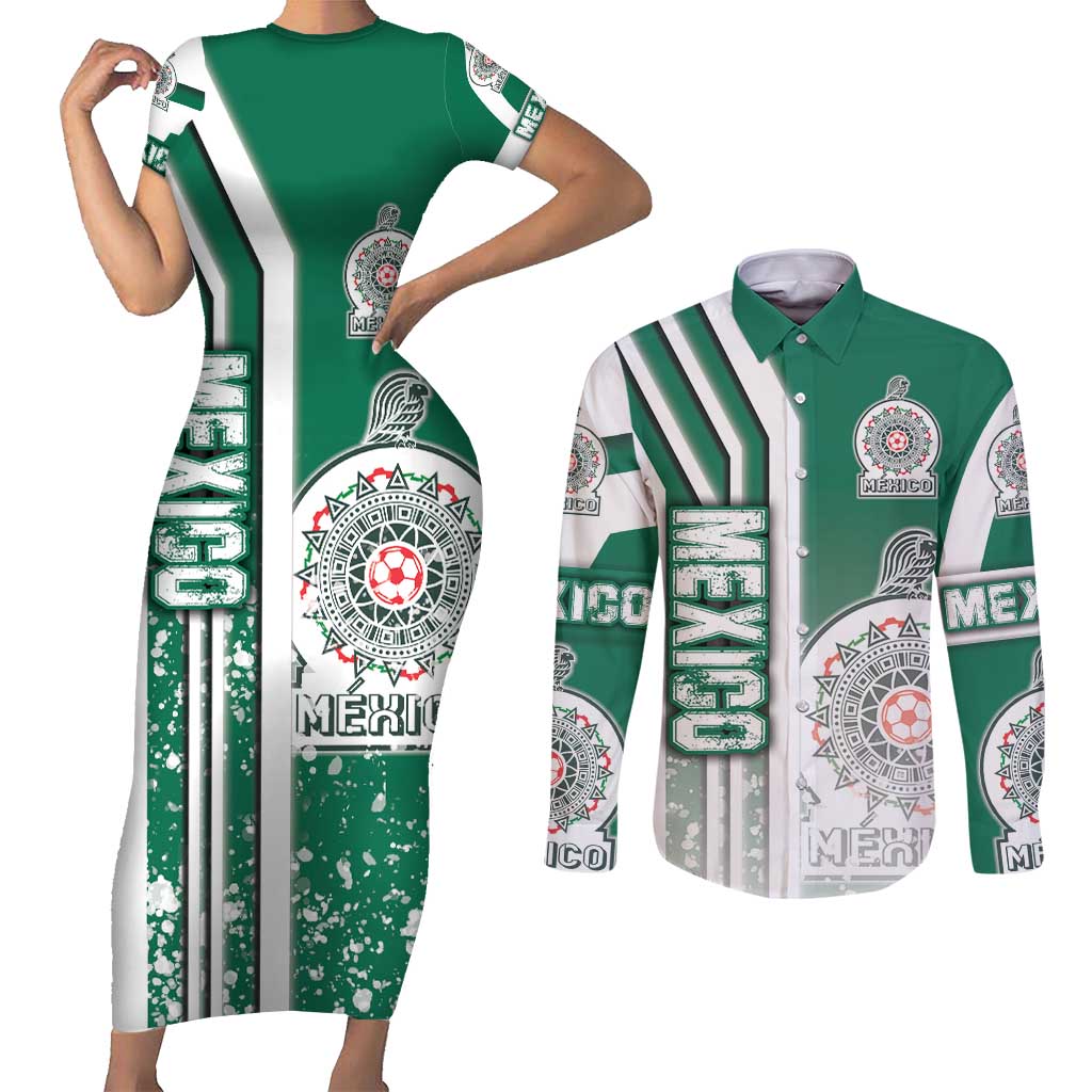 Mexico Football Couples Matching Short Sleeve Bodycon Dress and Long Sleeve Button Shirt El Tri Soccer - Road To Champion