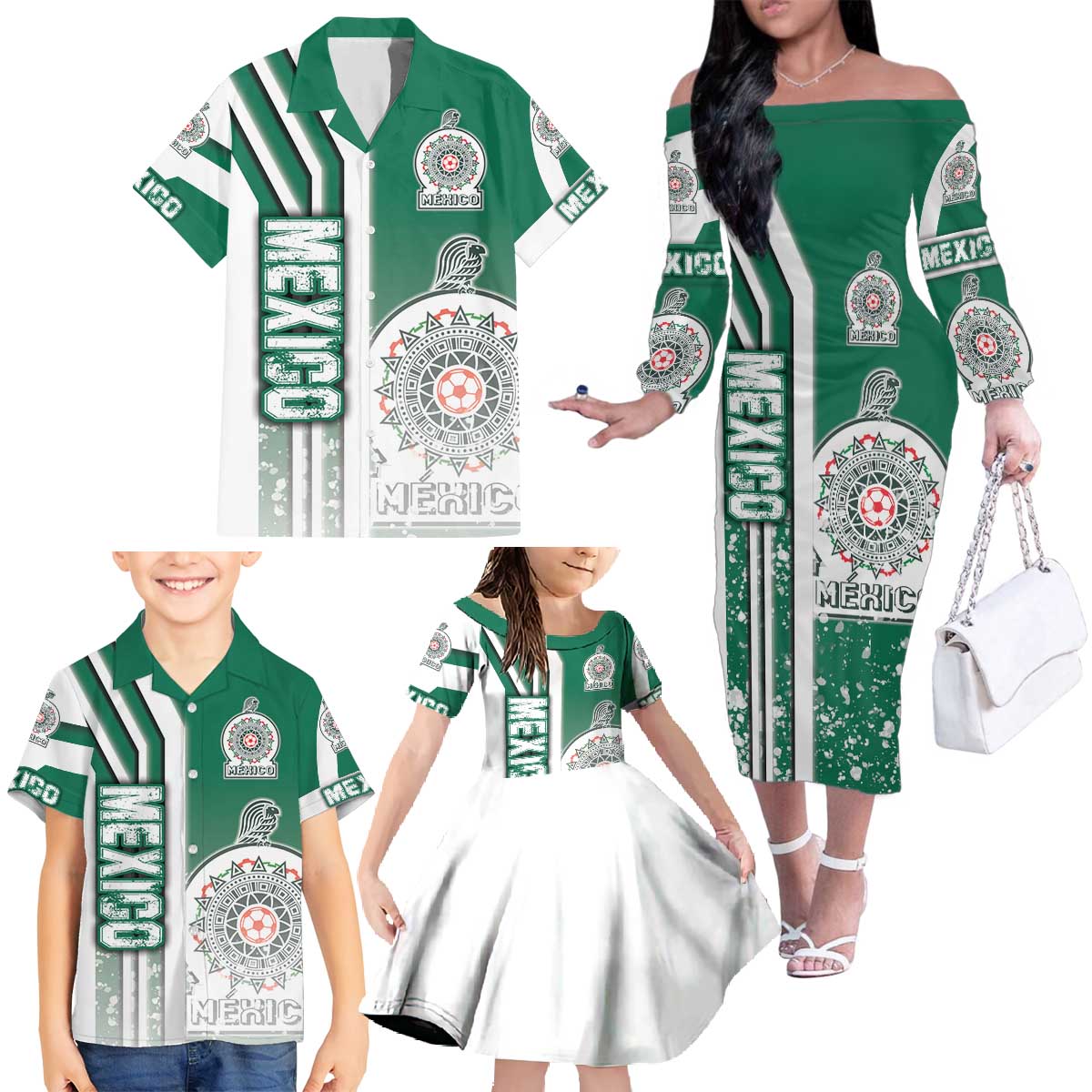 Mexico Football Family Matching Off The Shoulder Long Sleeve Dress and Hawaiian Shirt El Tri Soccer - Road To Champion