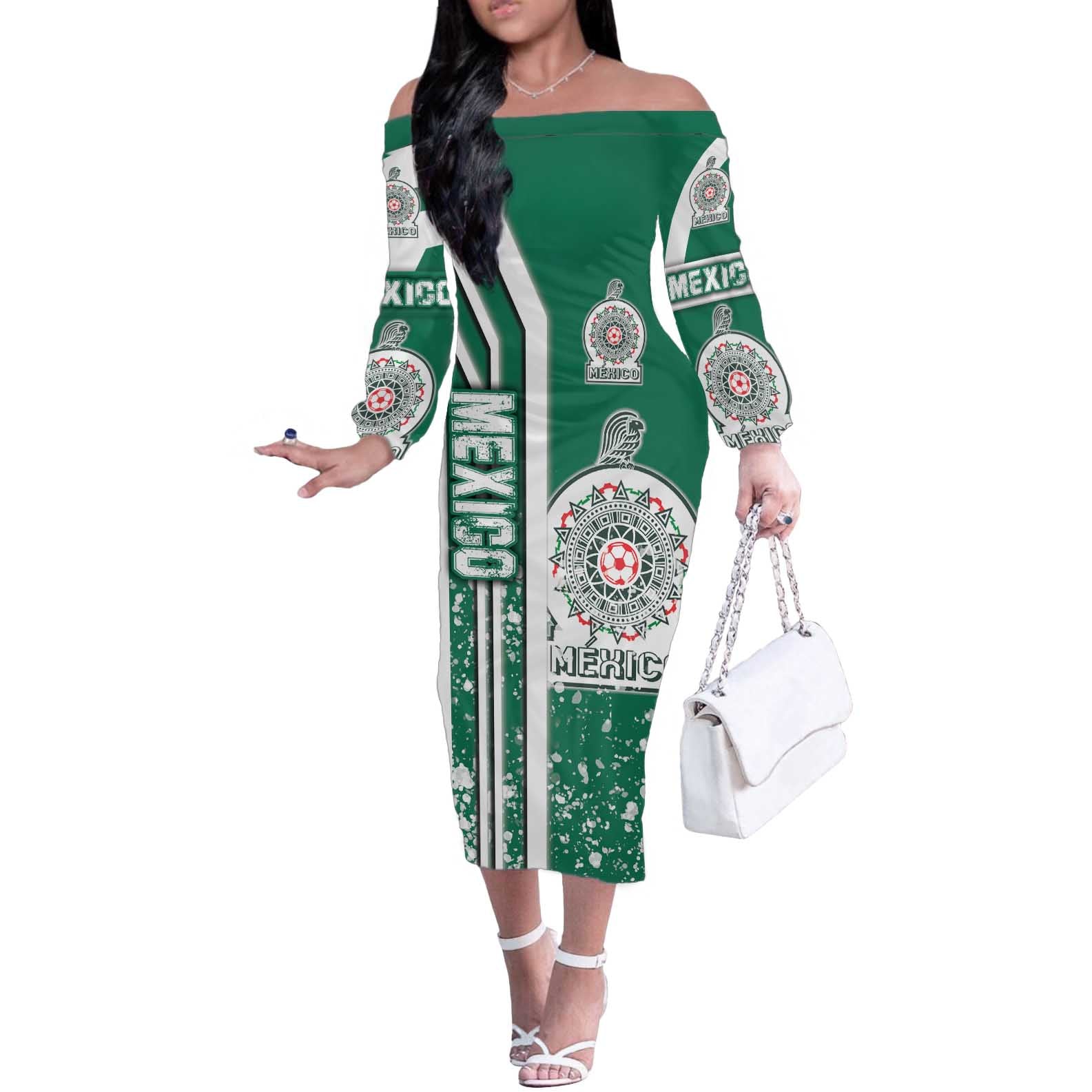 Mexico Football Off The Shoulder Long Sleeve Dress El Tri Soccer - Road To Champion