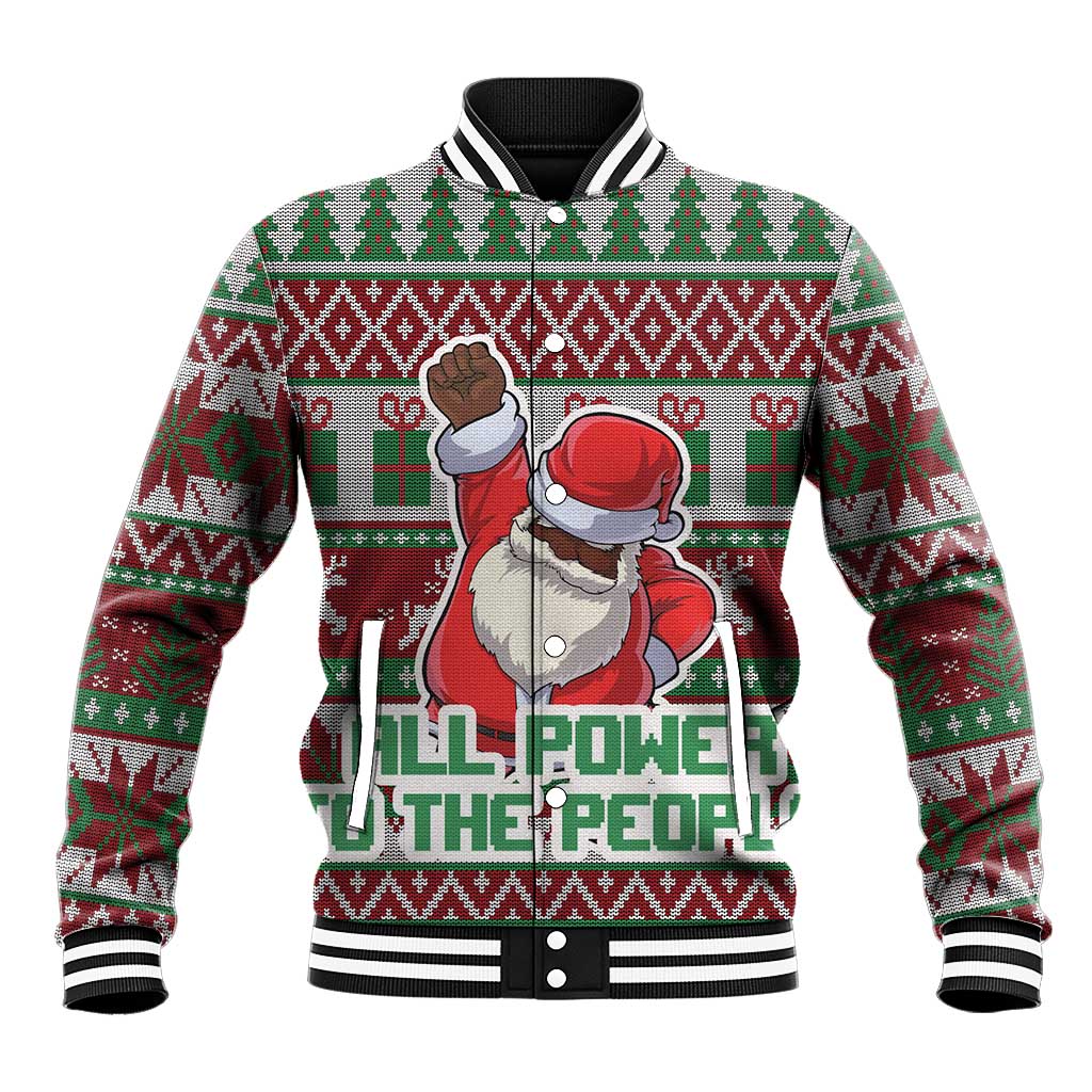Unisex baseball jacket with Santa fist graphic, festive patterns, striped ribbed collar