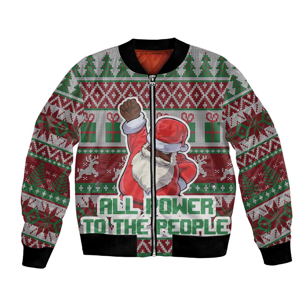 Unisex festive bomber jacket with zip; black ribbed cuffs, 'All Power to the People' print