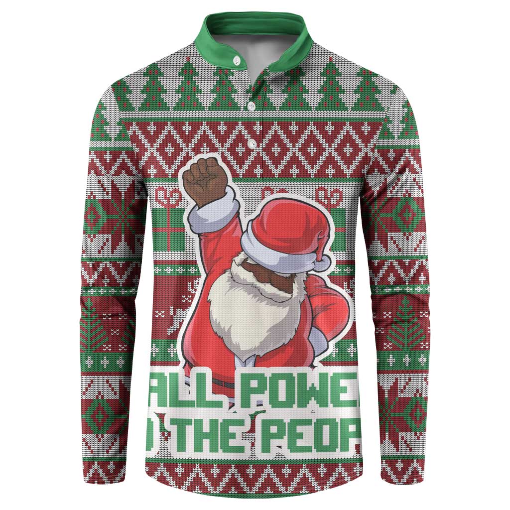 Green-collar button sweatshirt with red-and-green Christmas knit and Santa fist graphic