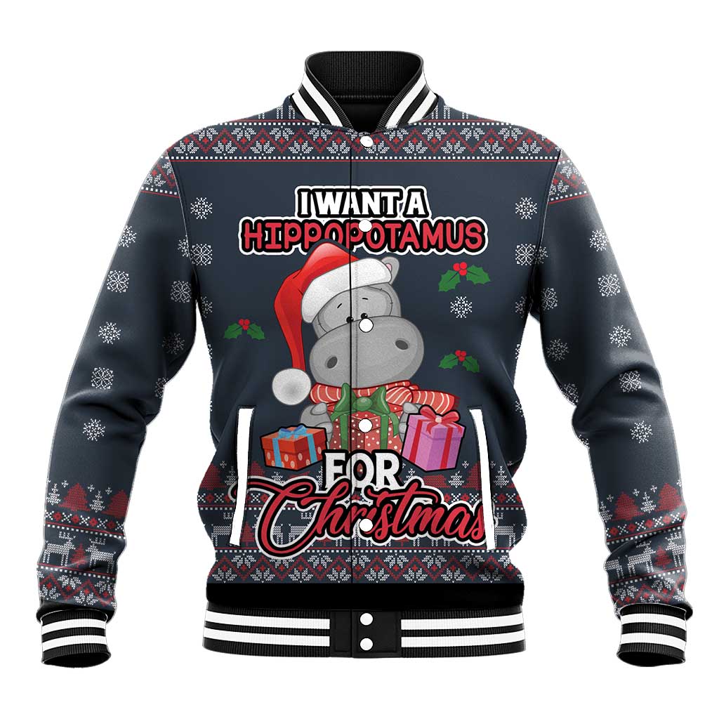 Unisex blue baseball jacket with ribbed collar, hippo Christmas front graphic