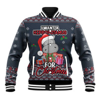 Unisex blue baseball jacket with ribbed collar, hippo Christmas front graphic