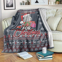 Christmas blanket with cute hippopotamus holding gifts, dark blue-gray holiday pattern
