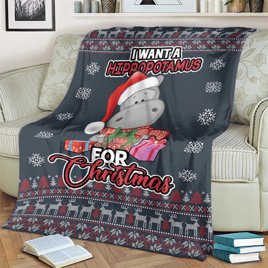 Christmas blanket on couch featuring hippopotamus in red scarf and gift boxes, festive border