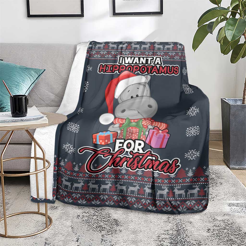 Christmas blanket on sofa with hippopotamus holding Christmas presents, dark holiday pattern