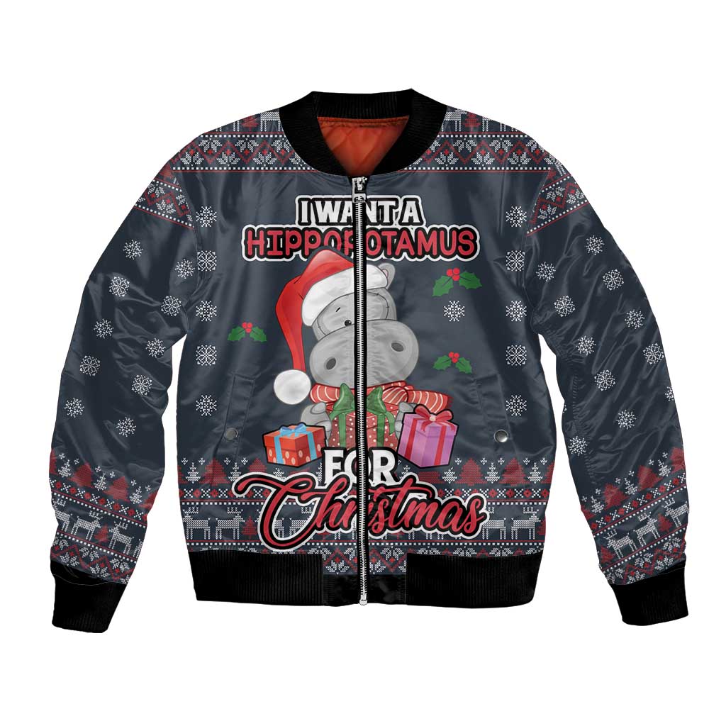 Unisex blue Christmas bomber jacket with hippo graphic, ribbed cuffs and front zipper