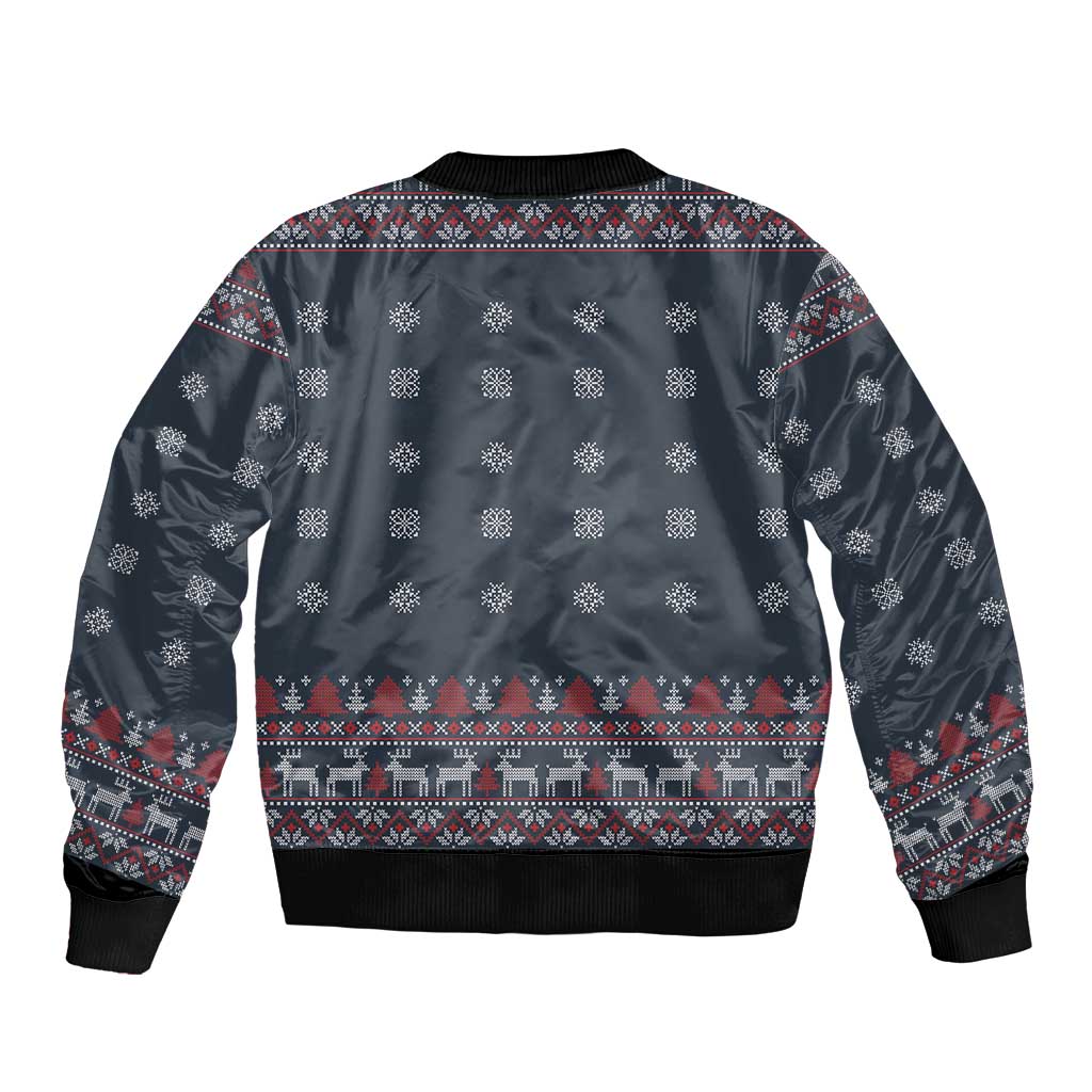 Unisex blue Christmas bomber jacket back design, ribbed collar and black hem cuffs