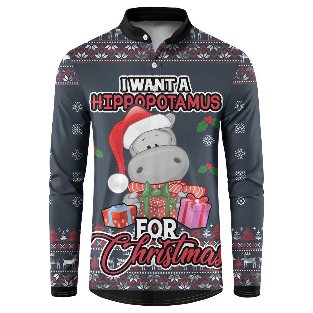 Dark blue Christmas button sweatshirt with hippo, presents, and festive pattern graphics