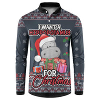 Dark blue Christmas button sweatshirt with hippo, presents, and festive pattern graphics