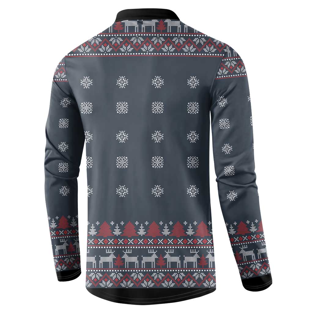 Dark blue Christmas button sweatshirt back view with snowflake and town holiday pattern