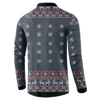 Dark blue Christmas button sweatshirt back view with snowflake and town holiday pattern