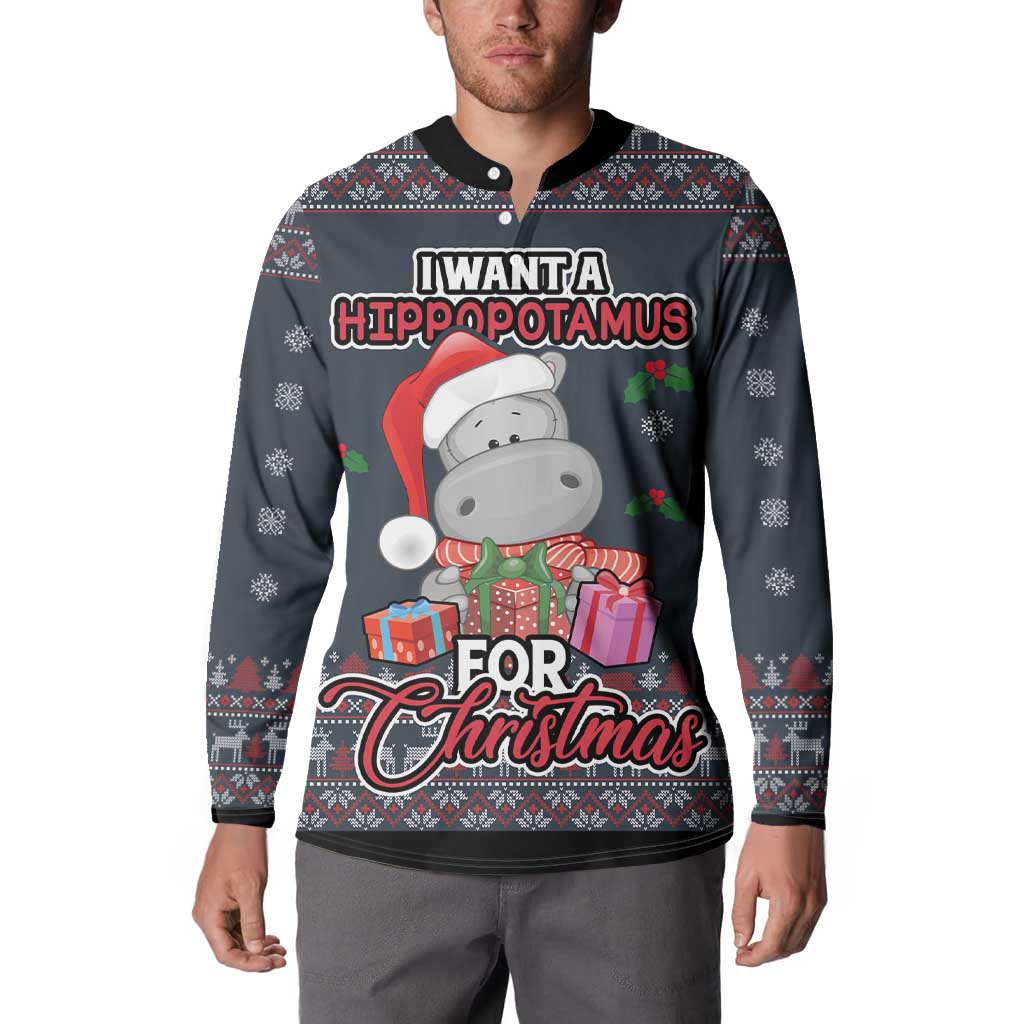 Dark blue Christmas button sweatshirt with hippo Santa graphic and “for Christmas” text