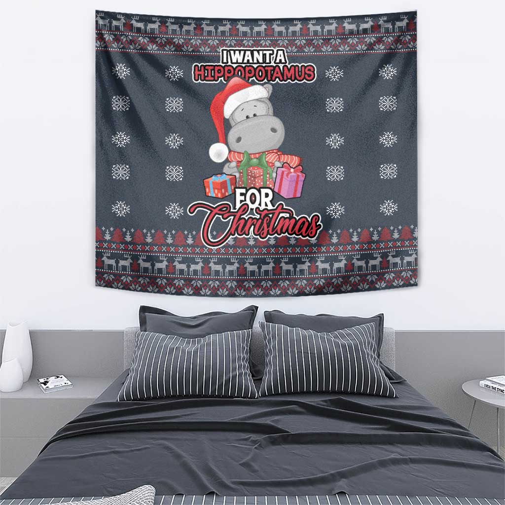 Blue Christmas tapestry featuring a cartoon hippo holding presents, 'For Christmas' in red script.