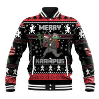 Black unisex baseball jacket with Merry Krampus holiday graphic, button front, rib trim