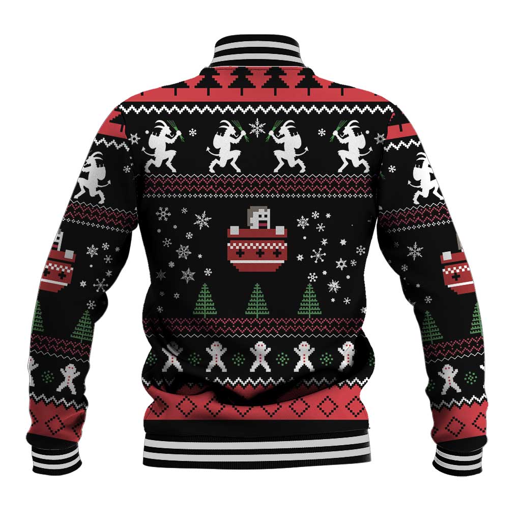 Black unisex baseball jacket with festive knit holiday graphics and striped rib trim