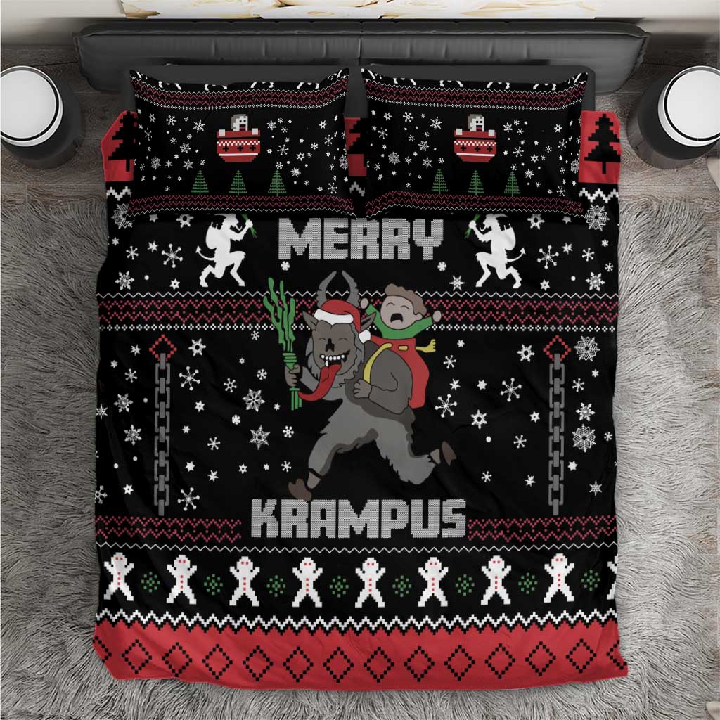 Black Christmas Krampus bedding set with Merry text and dancing skeleton characters