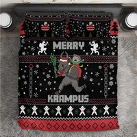 Black Christmas Krampus bedding set with Merry text and dancing skeleton characters