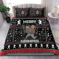 Black Christmas Krampus bedding set with Merry design, Santa sleigh, and festive characters