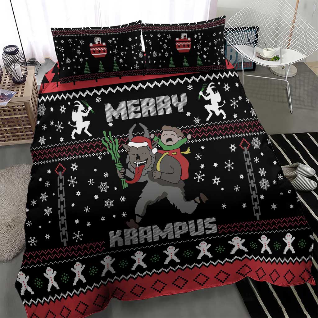 Black Christmas Krampus bedding set with Merry text, goblin and Krampus illustration