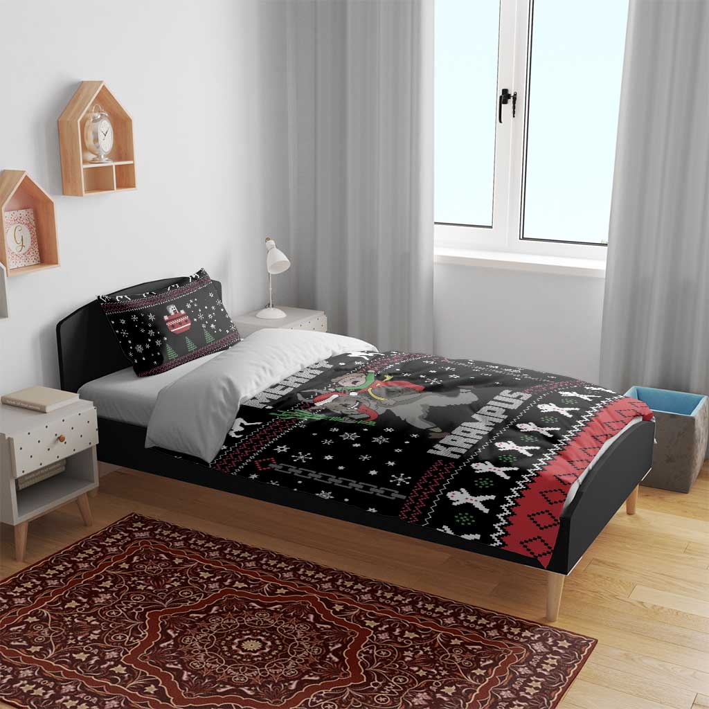 Black Christmas Krampus bedding set on a bed with coordinating pillowcases