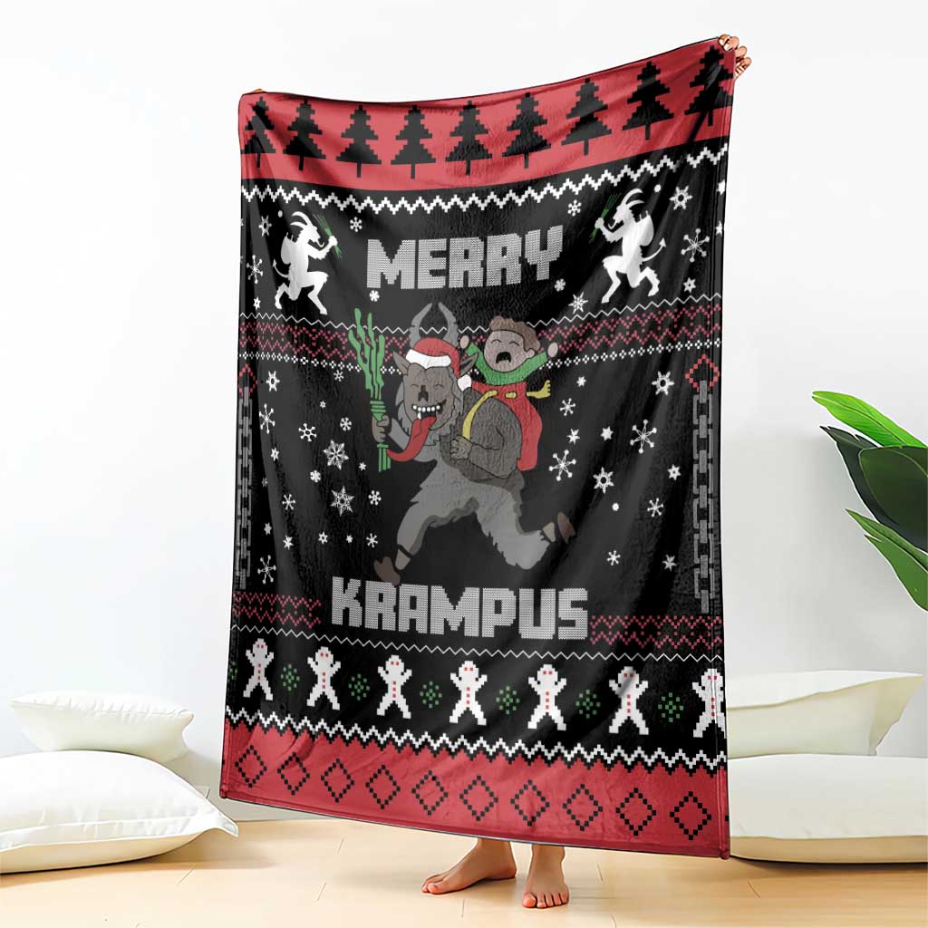 Krampus Christmas blanket with “Merry” text, character faces, and striped festive border