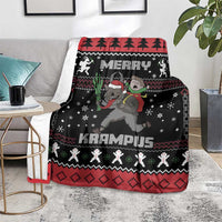 Black Christmas Krampus throw blanket with “Merry” text and festive character pattern