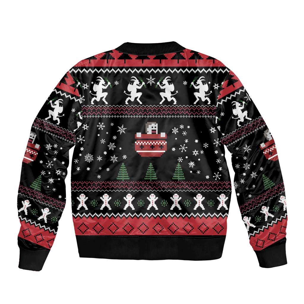 Black bomber jacket back with winter holiday print and red/green accents, ribbed cuffs