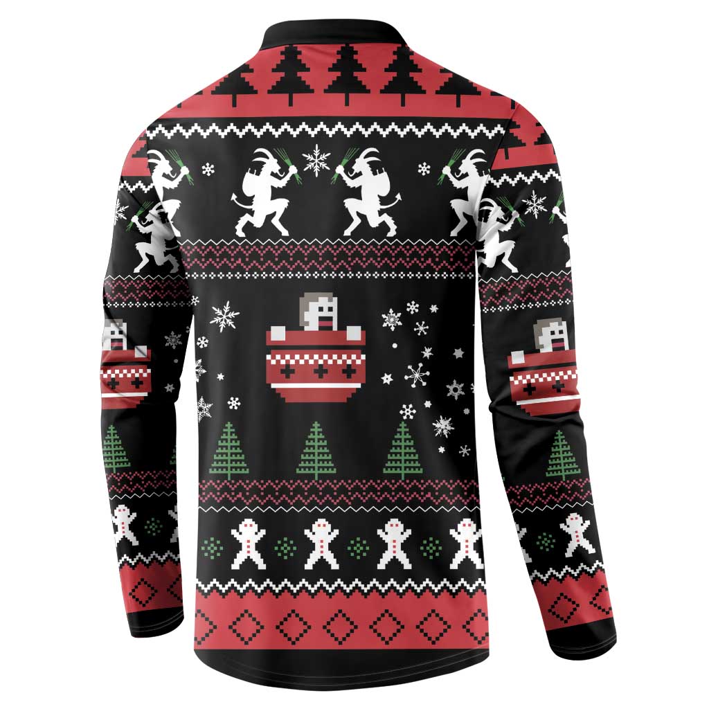 Men's black button-front sweatshirt back, Krampus winter fairisle with trees and snowflakes