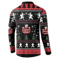 Men's black button-front sweatshirt back, Krampus winter fairisle with trees and snowflakes