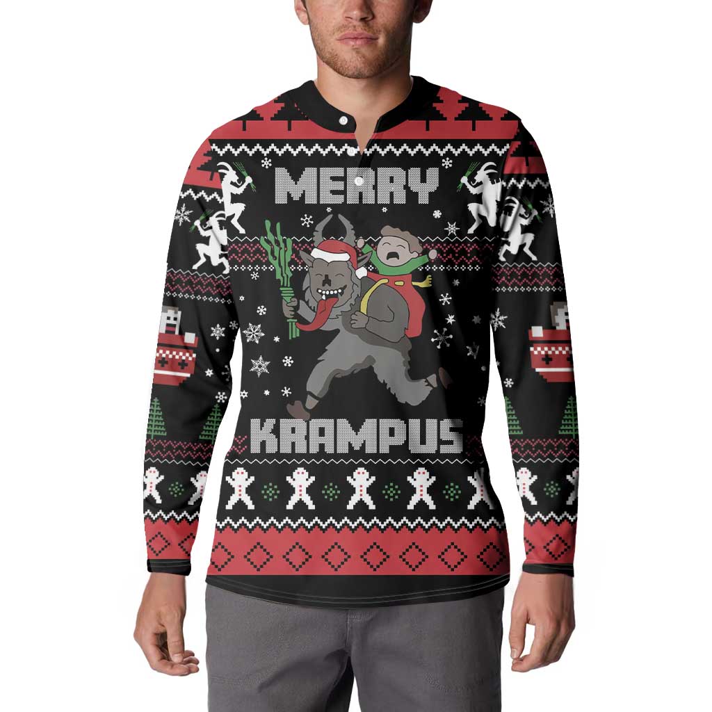 Men's black button-front sweatshirt on model, Merry Krampus graphic and patterned hem