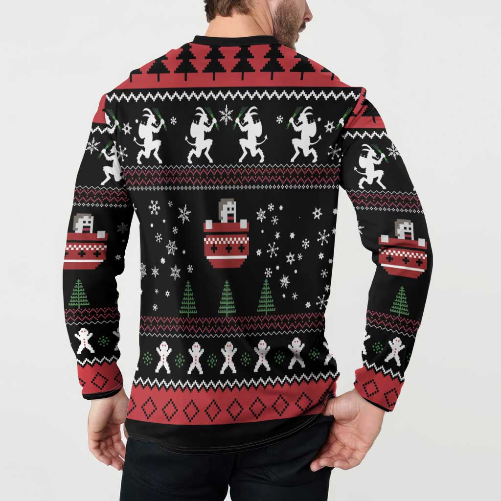 Men's black button-front sweatshirt on model, back fairisle pattern with snowflakes and figures