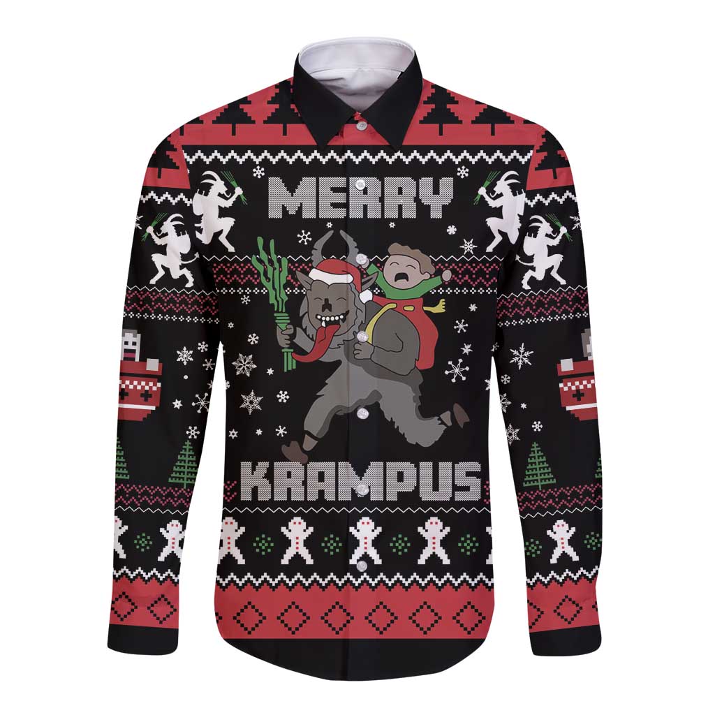 Unisex long-sleeve button shirt with 'MERRY KRAMPUS' front print