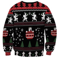 Black unisex Christmas sweatshirt with dancing figures, trees and striped snowflake pattern