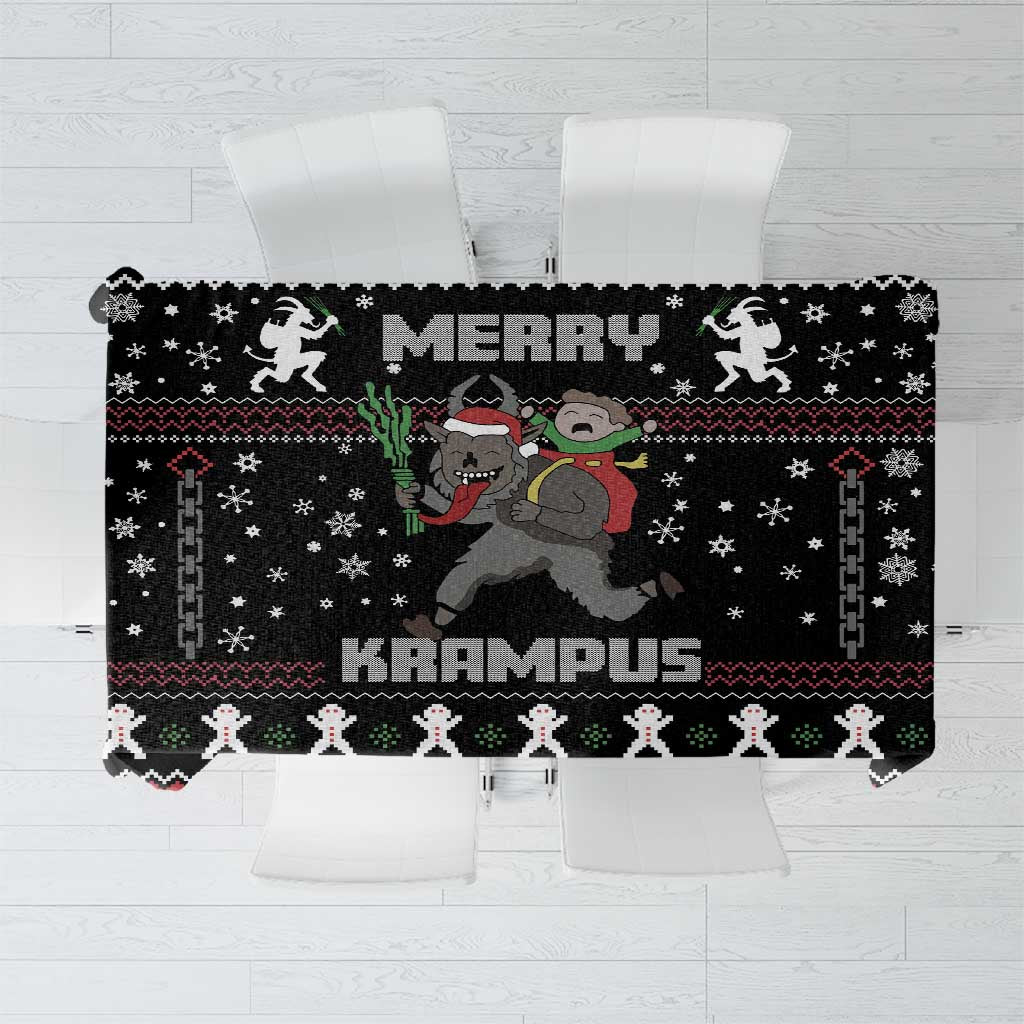 Black Christmas tablecloth with Krampus graphic and snowflake pattern border