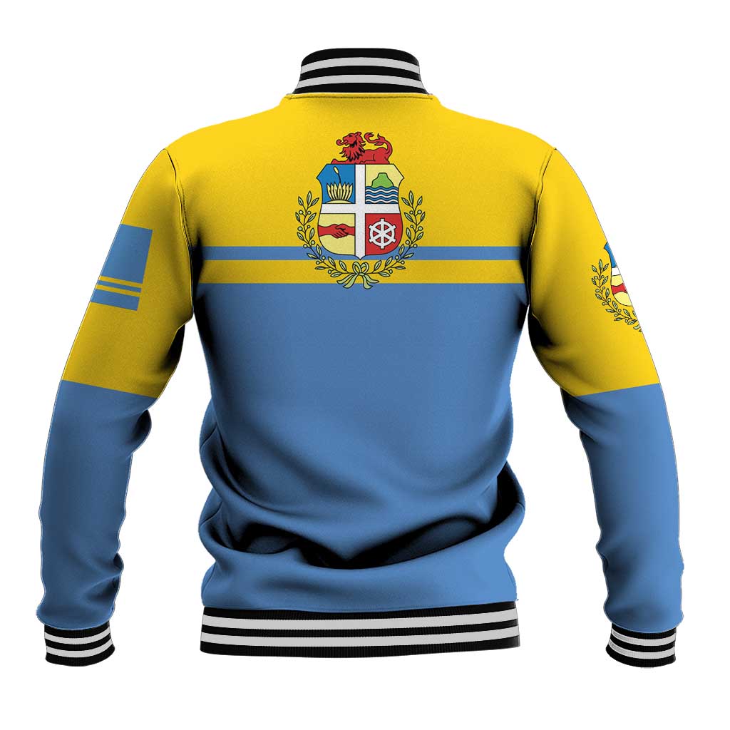 Blue and yellow baseball jacket back view with striped collar and crest emblem