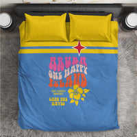 Blue duvet cover set with two yellow pillowcases, horizontal stripes and red star print