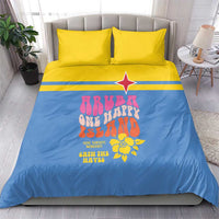 Blue bedding set with yellow pillowcases; red star stripe and colorful island-themed graphics