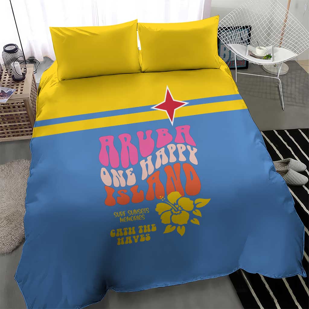 Blue duvet cover with yellow pillows featuring red star stripe and colorful tropical artwork